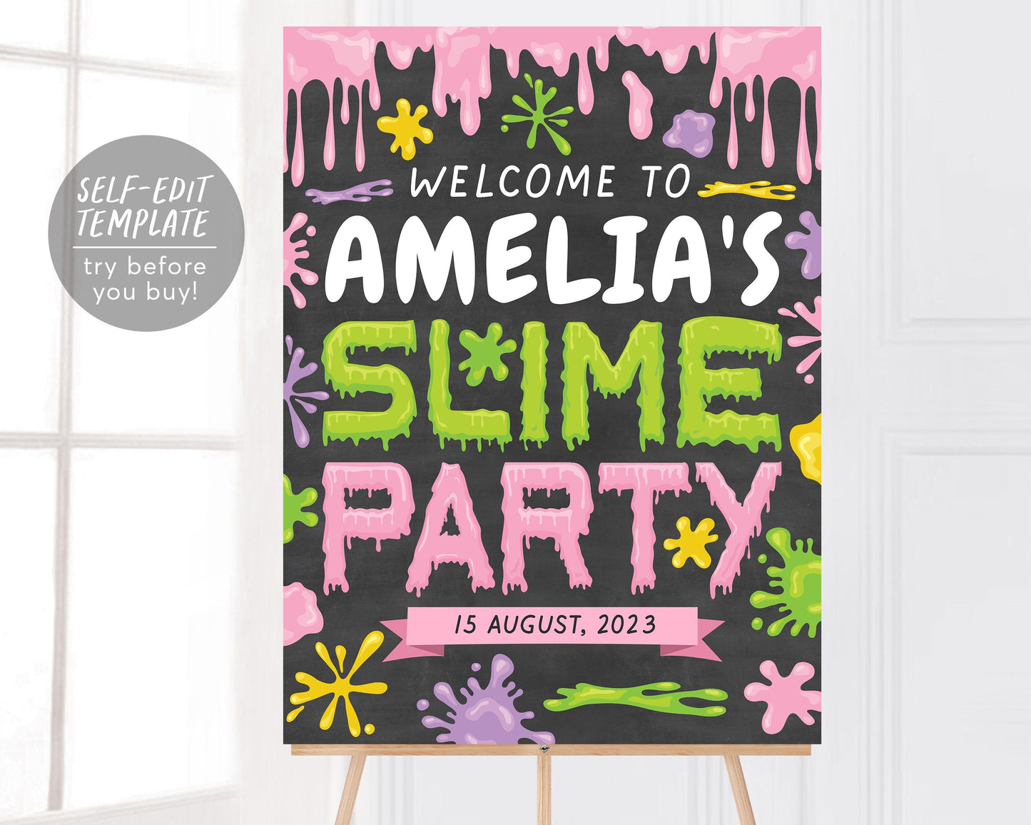 Slime GIRL Birthday Party Welcome Sign Editable Template, Slime Time Theme Decorations Poster DIY, Tween Birthday Chalkboard Signage Decor