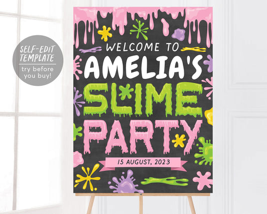 Slime GIRL Birthday Party Welcome Sign Editable Template, Slime Time Theme Decorations Poster DIY, Tween Birthday Chalkboard Signage Decor