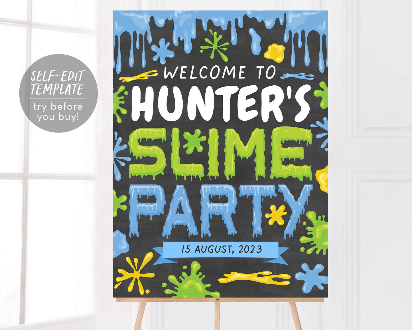 Slime BOY Birthday Party Welcome Sign Editable Template, Slime Time Theme Decorations Poster DIY, Tween Birthday Chalkboard Signage Decor