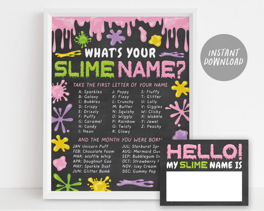 What's your Slime Name GIRL Poster Printable, Slime Party Game Decor Ideas, Slime Game for Kids With Name Tags, Slime Station Sign