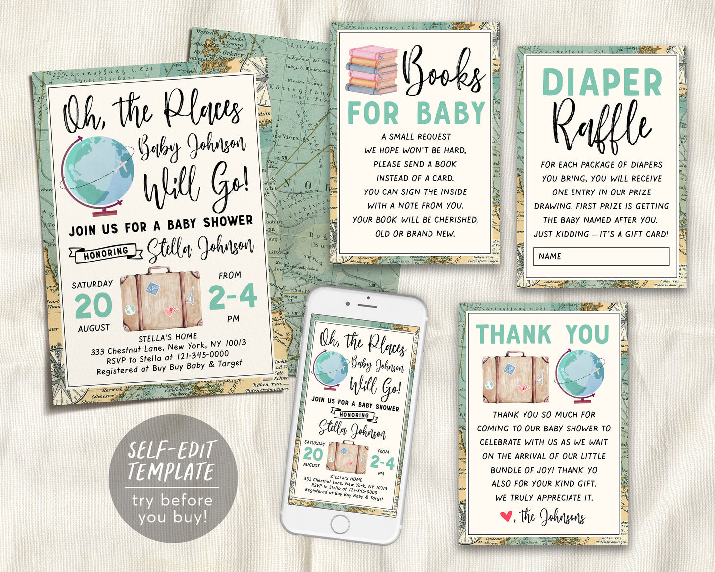 World Map Travel Globe Baby Shower BUNDLE Invitation Suite Set Editable Template, Books For Baby Diaper Raffle Thank You, Unisex Adventure