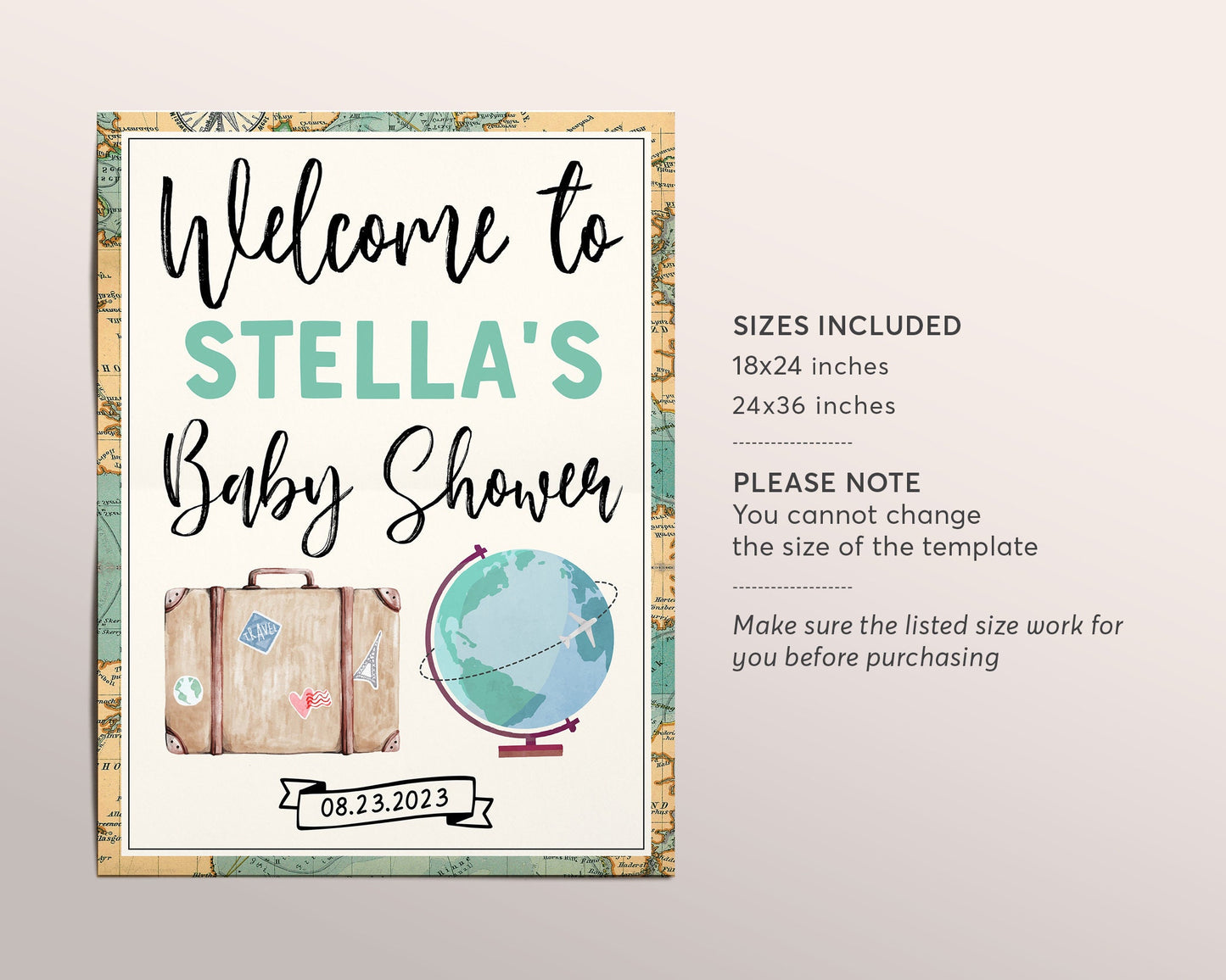 Travel Themed Baby Shower Welcome Sign Editable Template, Adventure Globe Unisex Shower Sign, Sprinkle Poster Signage Decorations Vintage