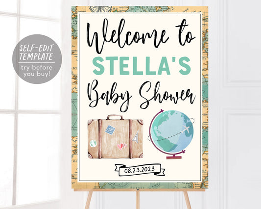 Travel Themed Baby Shower Welcome Sign Editable Template, Adventure Globe Unisex Shower Sign, Sprinkle Poster Signage Decorations Vintage