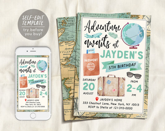 Adventure Awaits Travel Birthday Party Invitation Editable Template, Around the World Vintage Map Passport Digital Invite Printable Evite