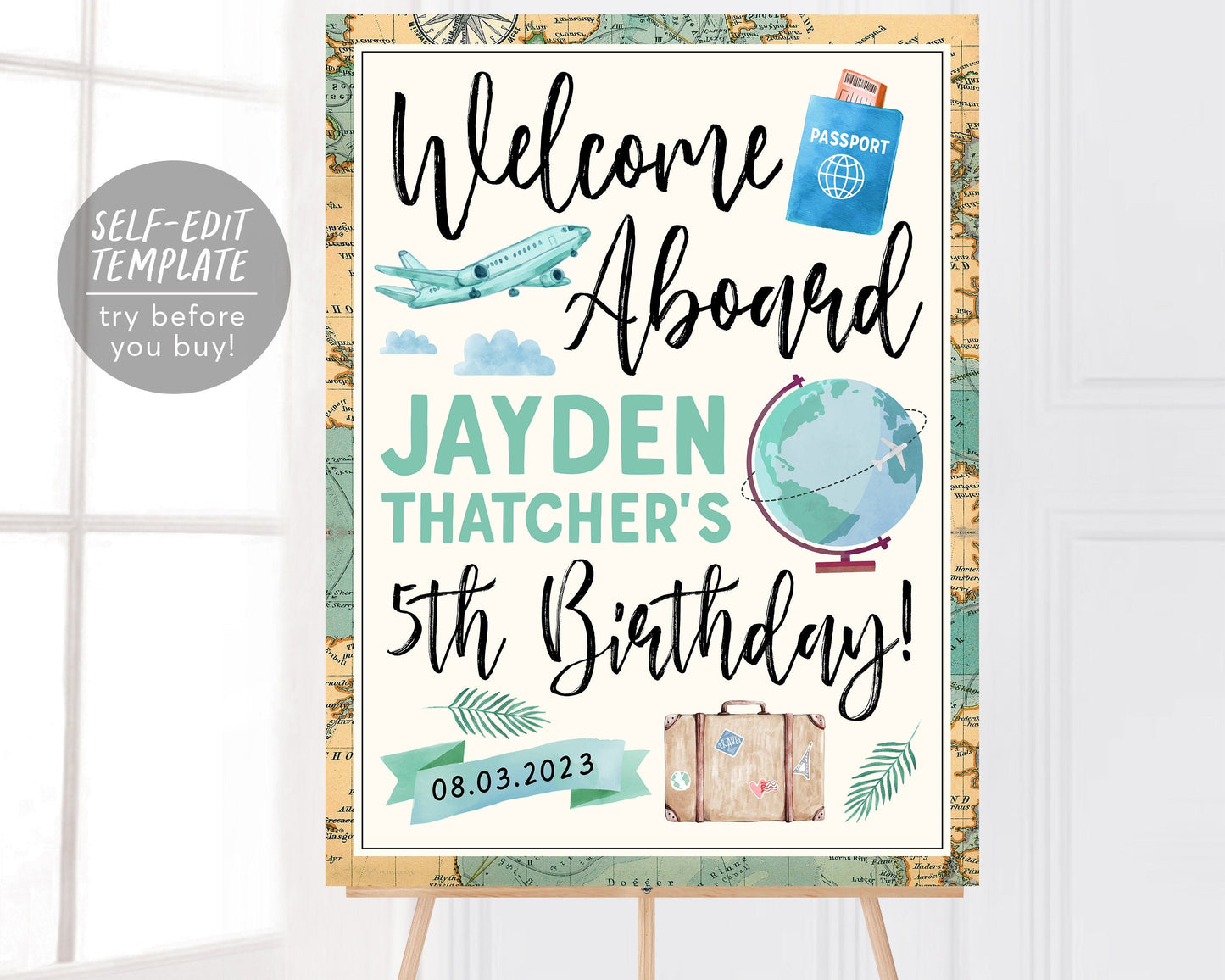 Welcome Aboard Airline Travel Themed Birthday Welcome Sign Editable Template, Adventure Awaits Globe Unisex Party Sign, Destination Birthday