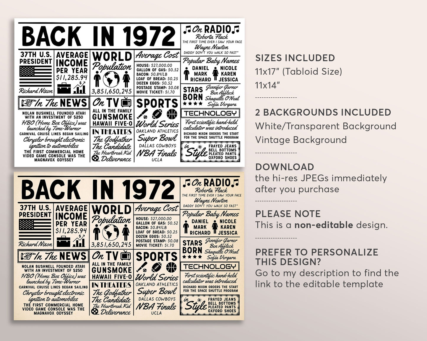 Back In 1972 Printable Placemat Instant Download, Born in 1972 Decor For Birthdays Anniversary High School Reunion, Newspaper Table Setting
