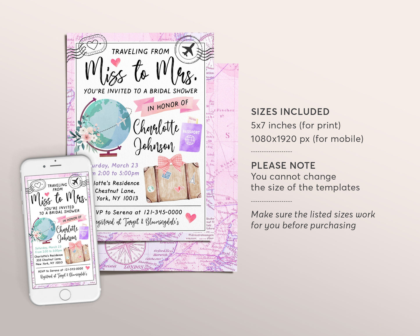 Traveling from Miss to Mrs Invitation Editable Template, Travel Pink Floral Bridal Shower Invite Printable, Vintage World Map Globe Passport