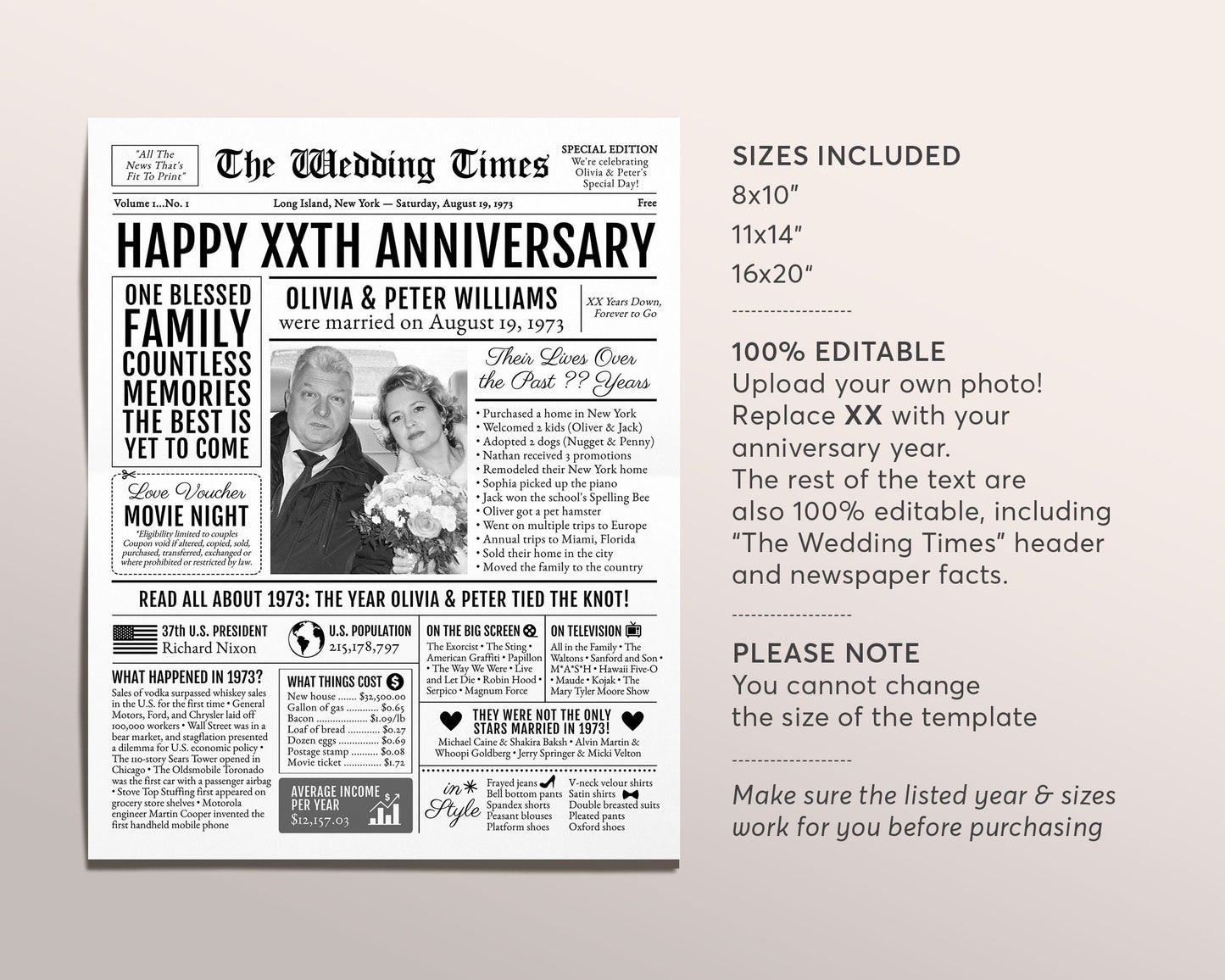 Back in 1973 50th 51st 52nd Anniversary Gift Newspaper Editable Template, Personalized 50 51 52 Year Wedding For Parents Husband Or Wife