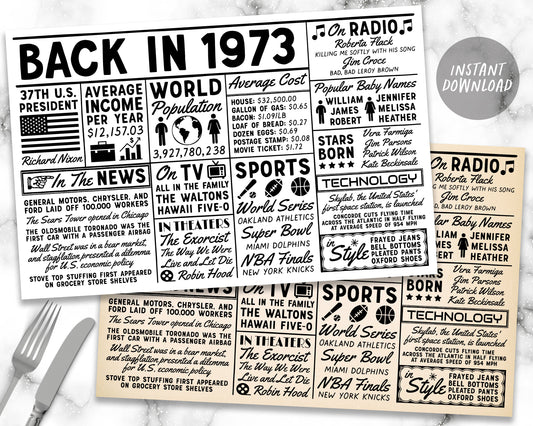 Back In 1973 Printable Placemat Instant Download, Born in 1973 Decor For Birthdays Anniversary High School Reunion, Newspaper Table Setting