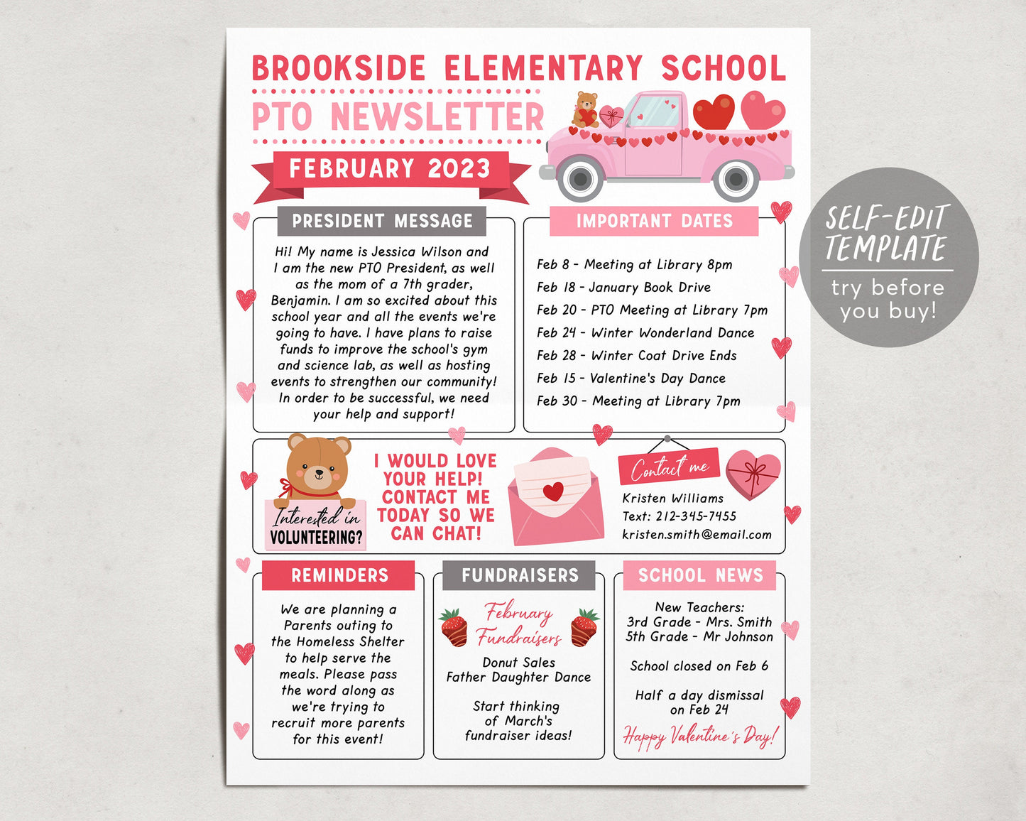 February PTO PTA Newsletter Flyer Editable Template, School Valentine's Day Flyer, Meeting Agenda Organizer Printable Handout, Year Calendar