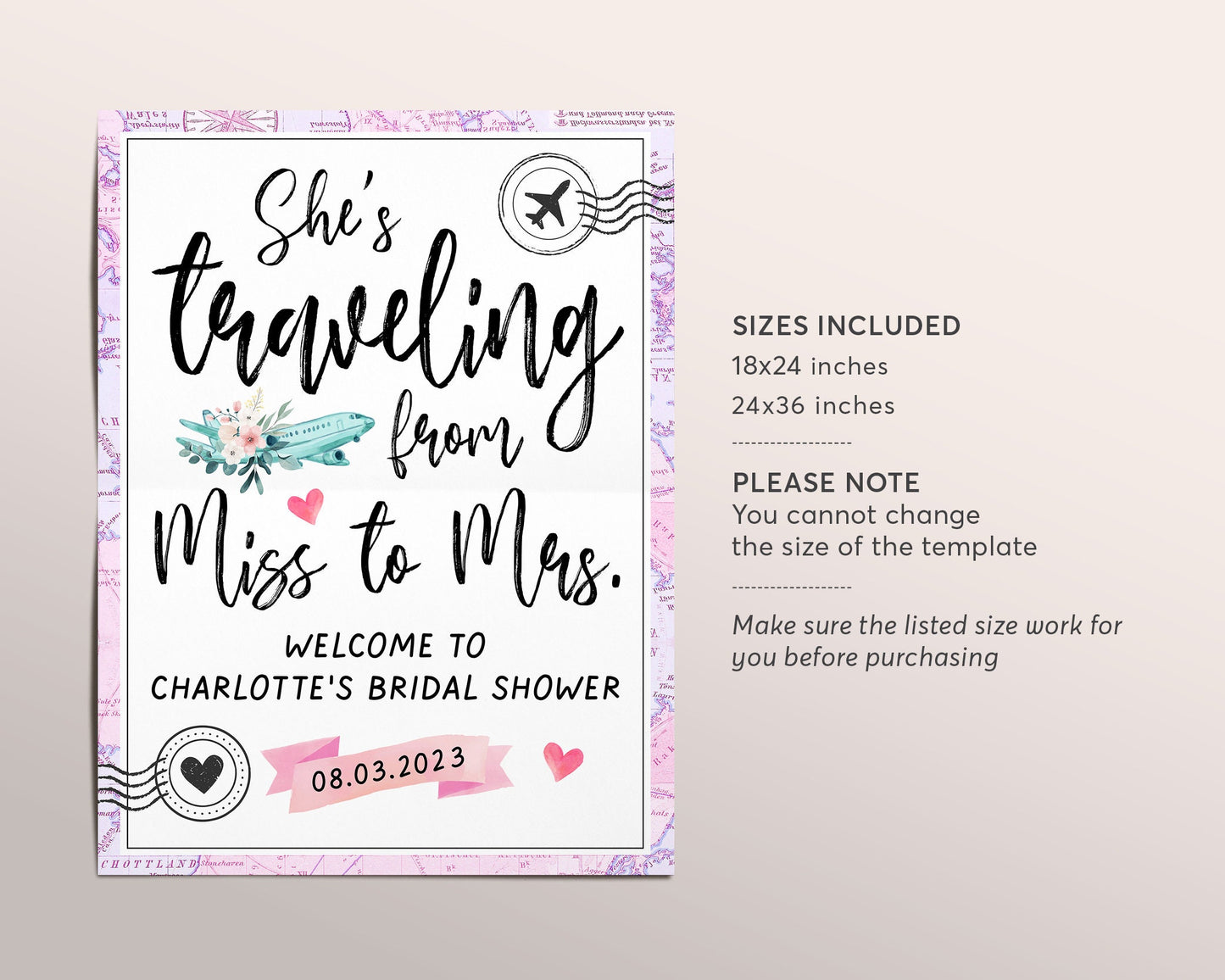 Bridal Shower She's Traveling from Miss to Mrs Printable Welcome Sign Editable Template, Floral Vintage Travel Theme Destination Wedding