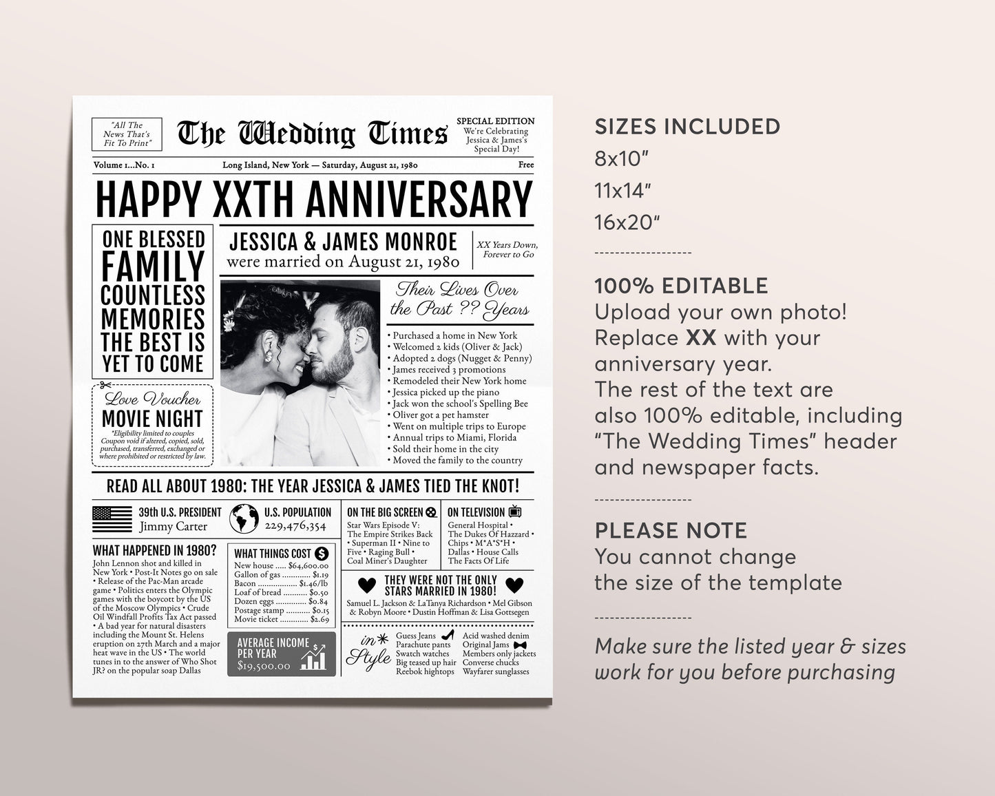 Back in 1980 43rd 44th 45th Anniversary Gift Newspaper Editable Template, Personalized 43 44 45 Year Wedding For Parents Husband Or Wife