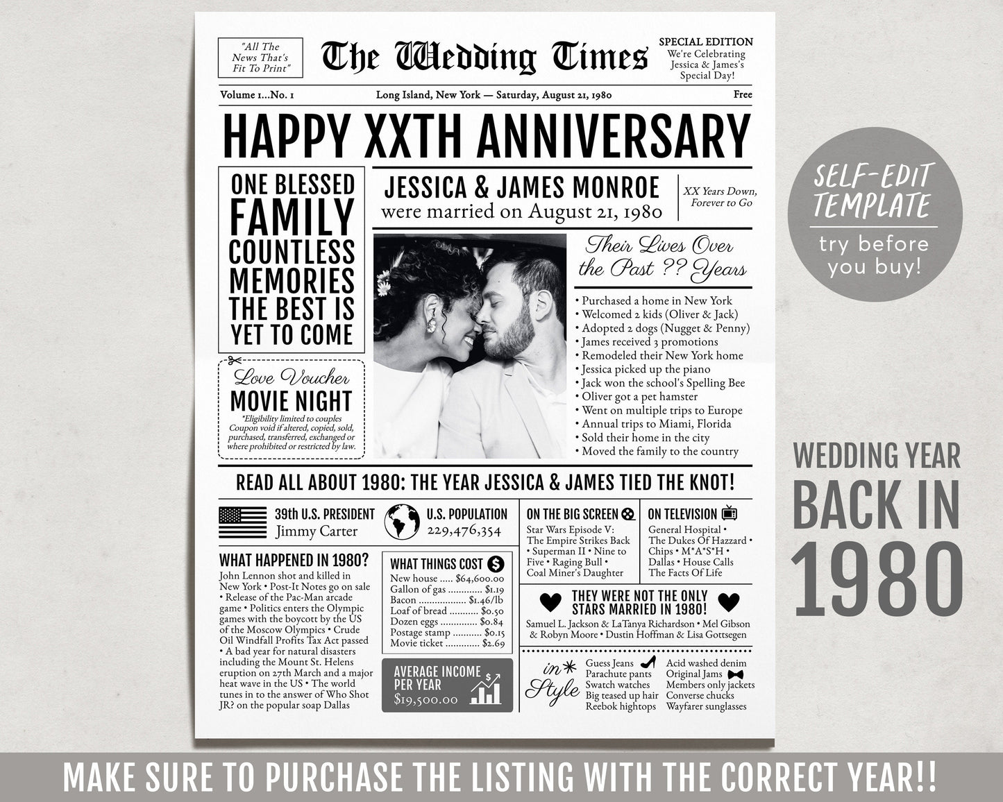 Back in 1980 43rd 44th 45th Anniversary Gift Newspaper Editable Template, Personalized 43 44 45 Year Wedding For Parents Husband Or Wife