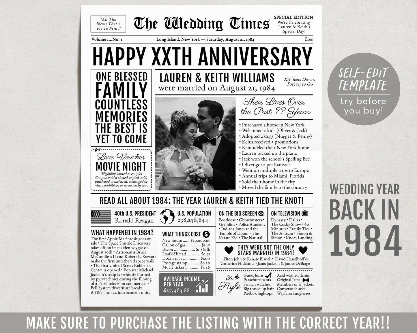 Back in 1984 39th 40th 41st Anniversary Gift Newspaper Editable Template, Personalized 39 40 41 Year Wedding For Parents Husband Or Wife