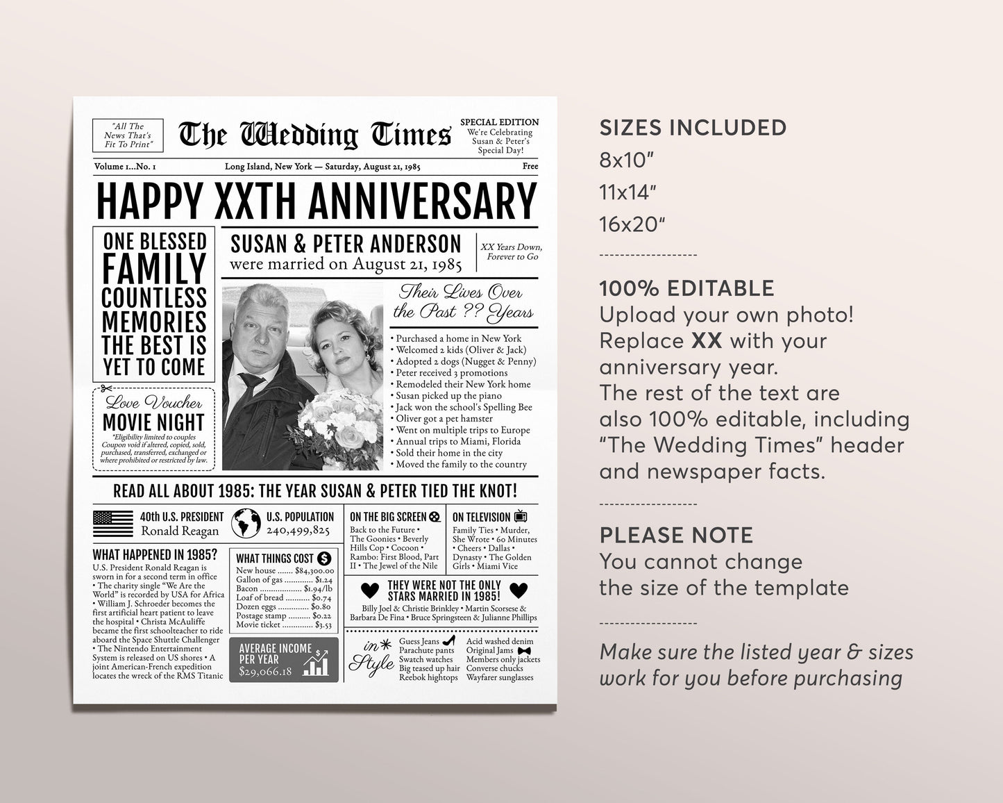 Back in 1985 38th 39th 40th Anniversary Gift Newspaper Editable Template, Personalized 38 39 40 Year Wedding For Parents Husband Or Wife