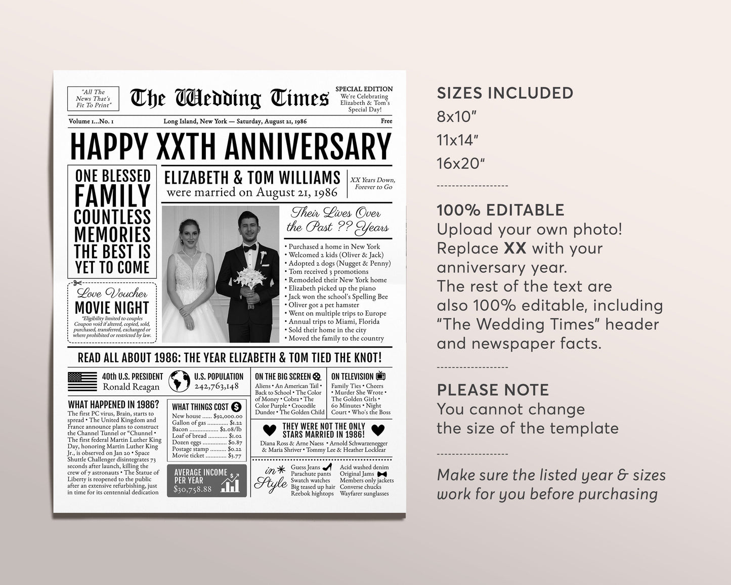 Back in 1986 37th 38th 39th Anniversary Gift Newspaper Editable Template, Personalized 37 38 39 Year Wedding For Parents Husband Or Wife