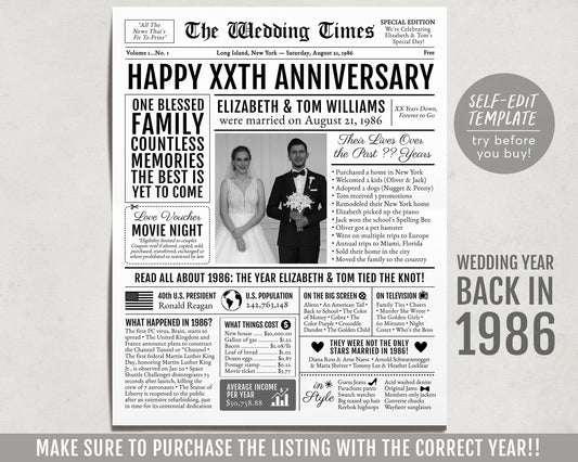 Back in 1986 37th 38th 39th Anniversary Gift Newspaper Editable Template, Personalized 37 38 39 Year Wedding For Parents Husband Or Wife