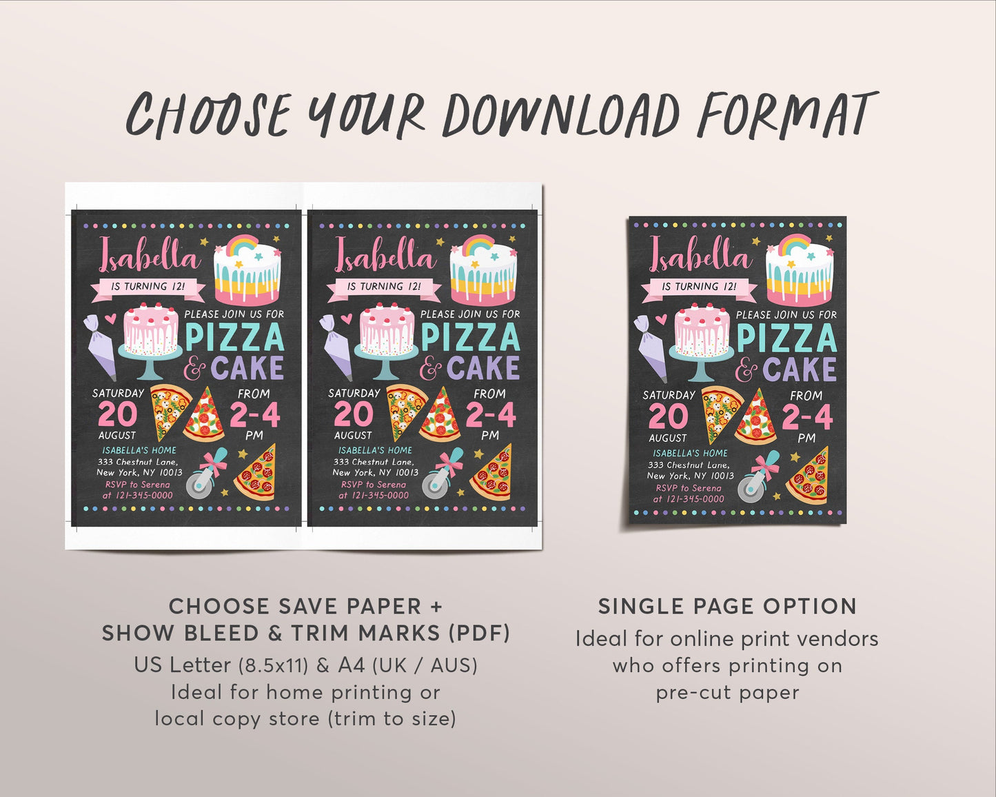 Pizza and Cake Birthday Party Invitation Editable Template, Chef Baking Cupcake, Chalkboard Kids Party Invite, Girl Teen Tween Printable