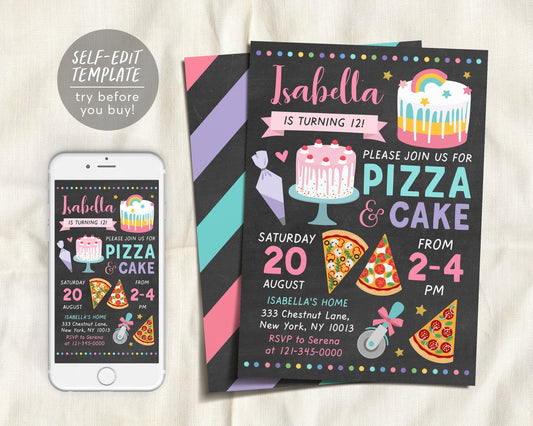 Pizza and Cake Birthday Party Invitation Editable Template, Chef Baking Cupcake, Chalkboard Kids Party Invite, Girl Teen Tween Printable