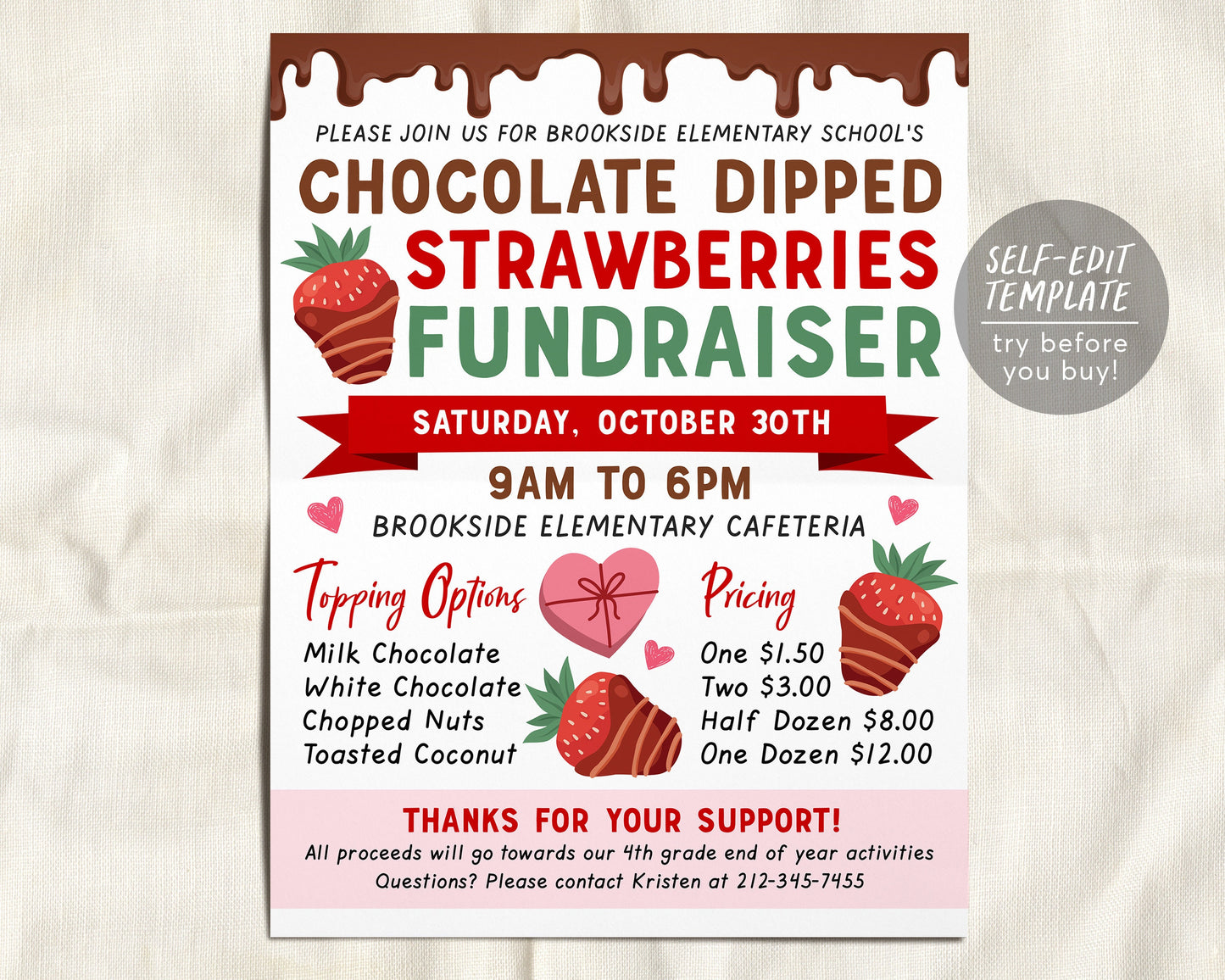 Valentine Chocolate Covered Strawberries Fundraiser Flyer Editable Template, Dipped Strawberry School PTA PTO Flyer, Church Event Charity