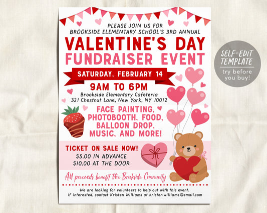 Valentine's Day Festival School Flyer Fundraiser Editable Template, Valentine Party Charity Non Profit Event School PTA PTO Flyer Church