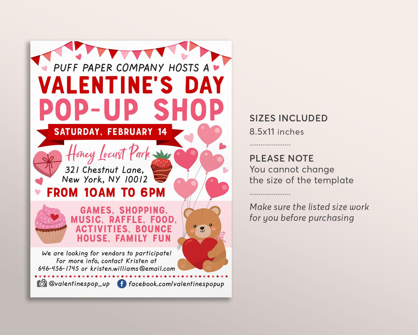 Valentine's Day Pop Up Shop Flyer Editable Template, Valentine Party Shopping Pop Up Store Fundraiser, Business Charity Non Profit Event
