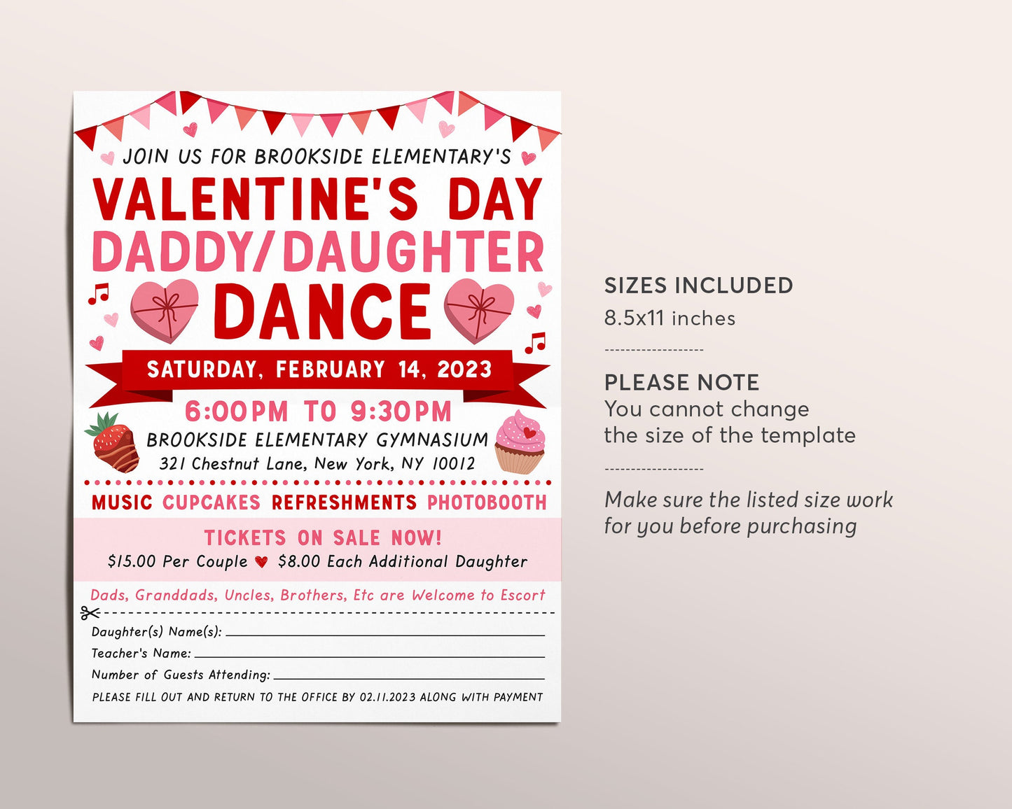 Daddy Daughter Dance Valentine's Day Flyer Editable Template, Sweetheart Dance Invitation, Valentines School Dance Ticket Invite Printable