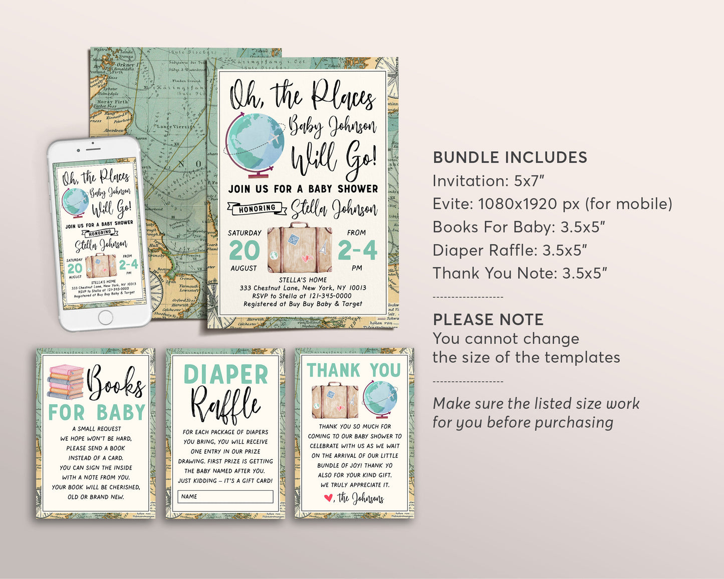 World Map Travel Globe Baby Shower BUNDLE Invitation Suite Set Editable Template, Books For Baby Diaper Raffle Thank You, Unisex Adventure