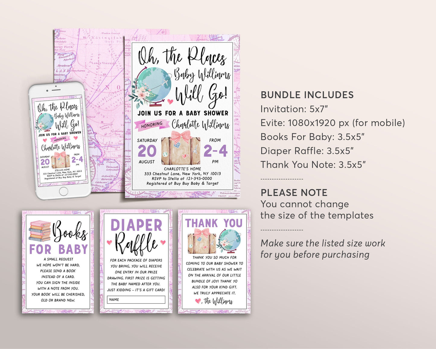 World Map Travel Globe Girl Baby Shower BUNDLE Invitation Suite Set Editable Template, Floral Books Baby Diaper Raffle Thank You Adventure