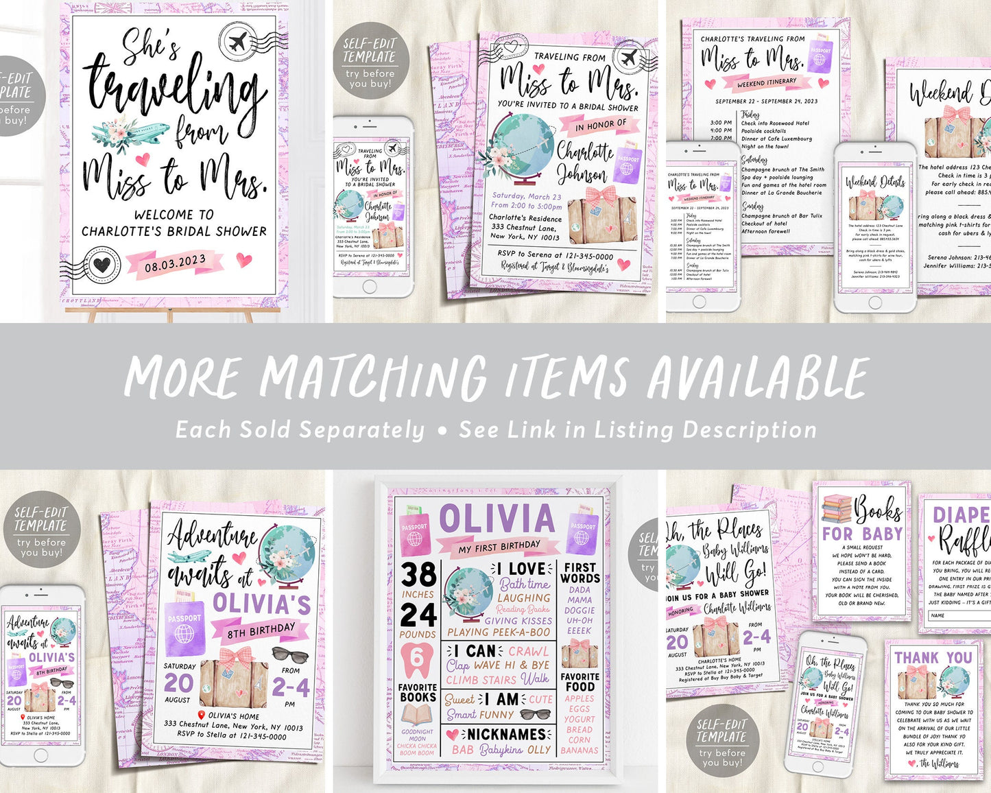 World Map Travel Globe Girl Baby Shower BUNDLE Invitation Suite Set Editable Template, Floral Books Baby Diaper Raffle Thank You Adventure