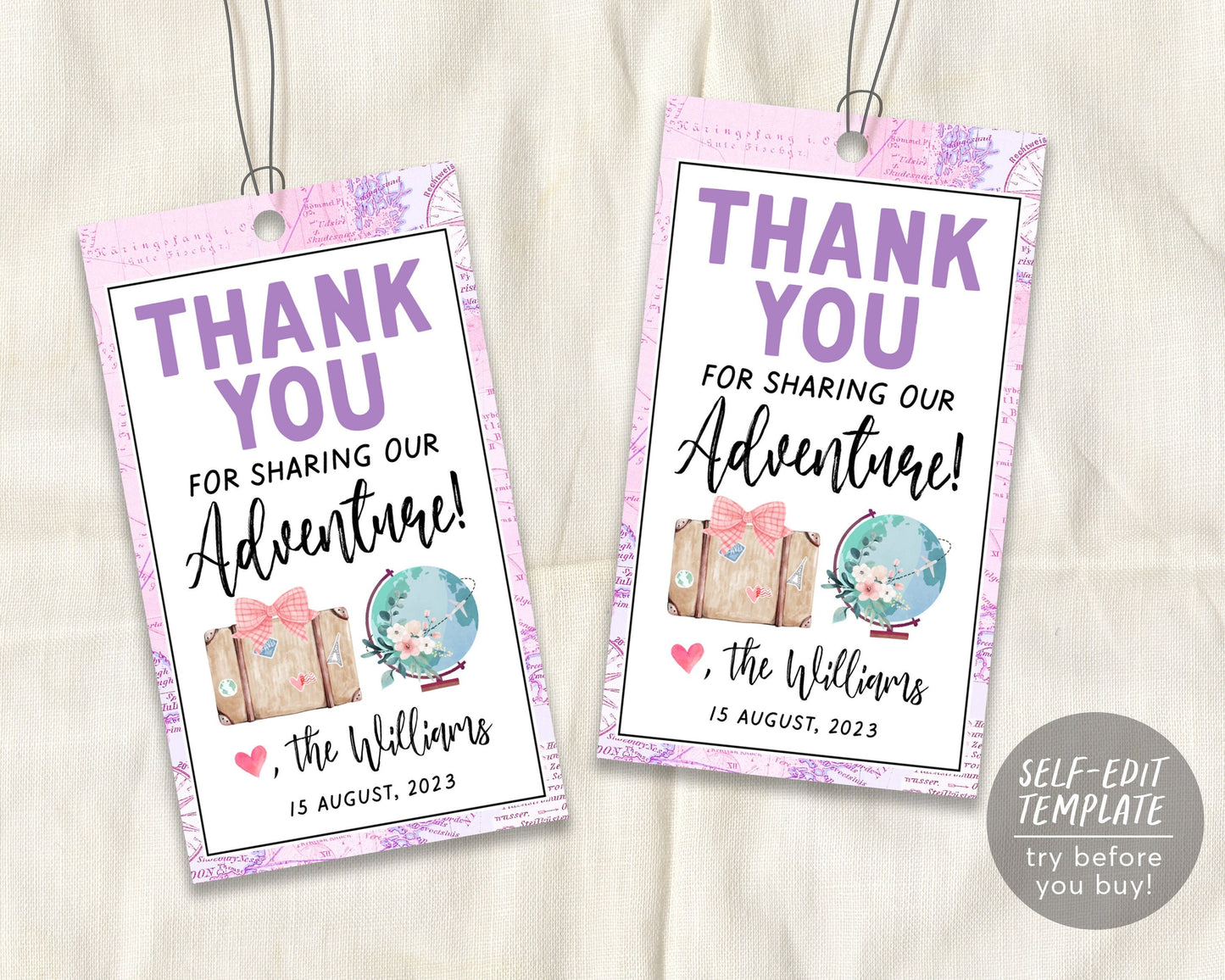 World Map Travel Globe Girl Baby Shower Favor Tags Editable Template, Floral Oh Baby Adventure Thank You Gift Tag Printable Instant Download