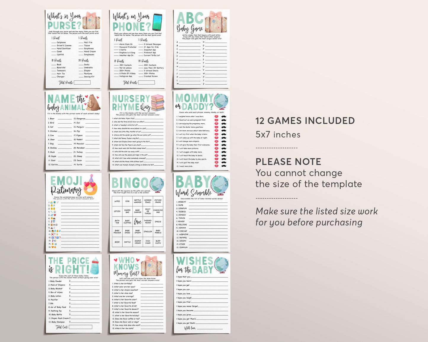 Travel Adventure Baby Shower Games Bundle Editable Template, Unisex 12 Shower Games, Globe Themed Bingo Word Scramble, What's On Your Phone