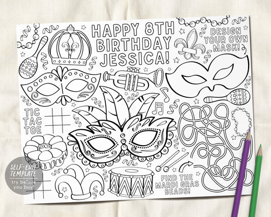 Mardi Gras Coloring Placemat For Kids Editable Template, Masquerade Ball Carnival Birthday Party Coloring Page Sheet Table Mat Activity