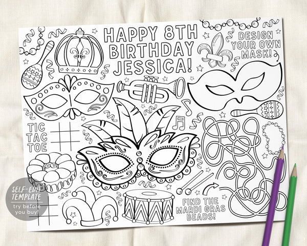 Mardi Gras Coloring Placemat For Kids Editable Template, Masquerade Ba ...