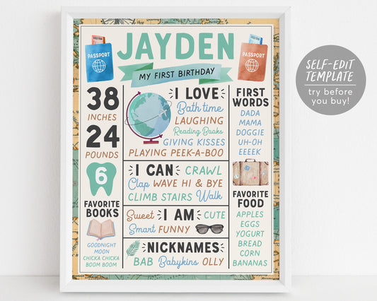 Adventure Unisex Milestone First Birthday Sign Editable Template, Travel Airline 1st Birthday Milestone Board, World Map Globe Printable