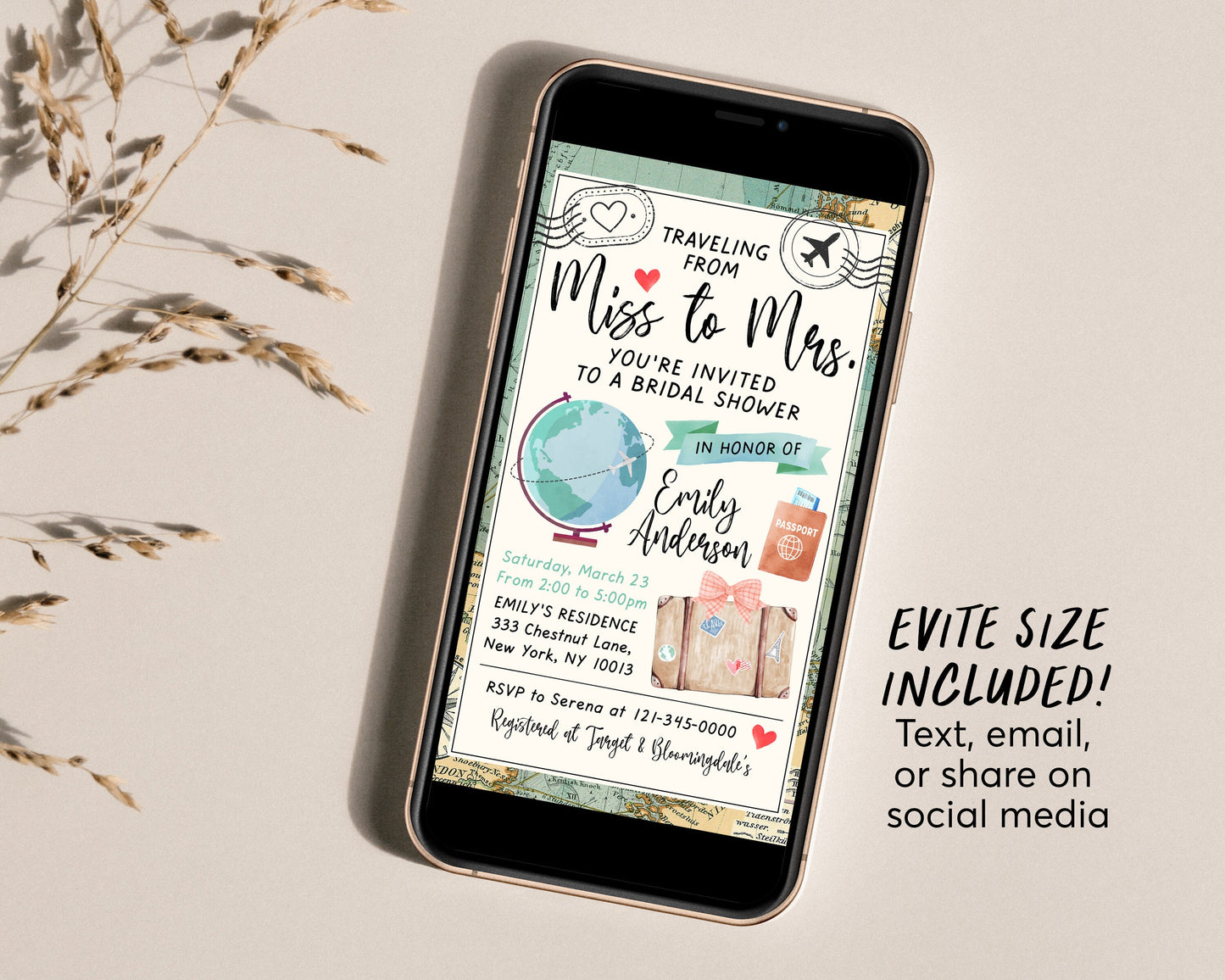 Traveling from Miss to Mrs Invitation Editable Template, Travel Bridal Shower Invite Printable, Vintage World Map Globe Passport Suitcase