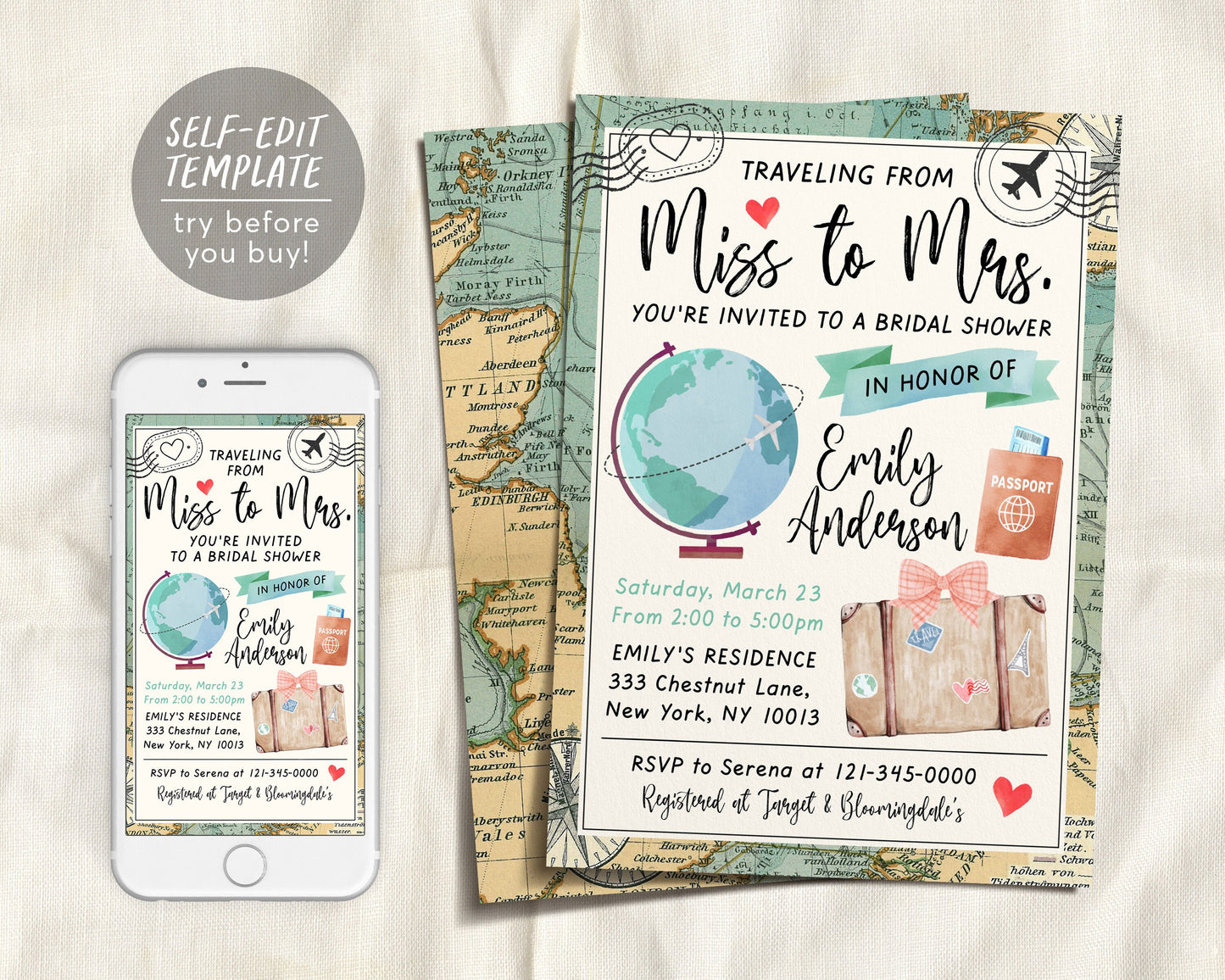 Traveling from Miss to Mrs Invitation Editable Template, Travel Bridal Shower Invite Printable, Vintage World Map Globe Passport Suitcase