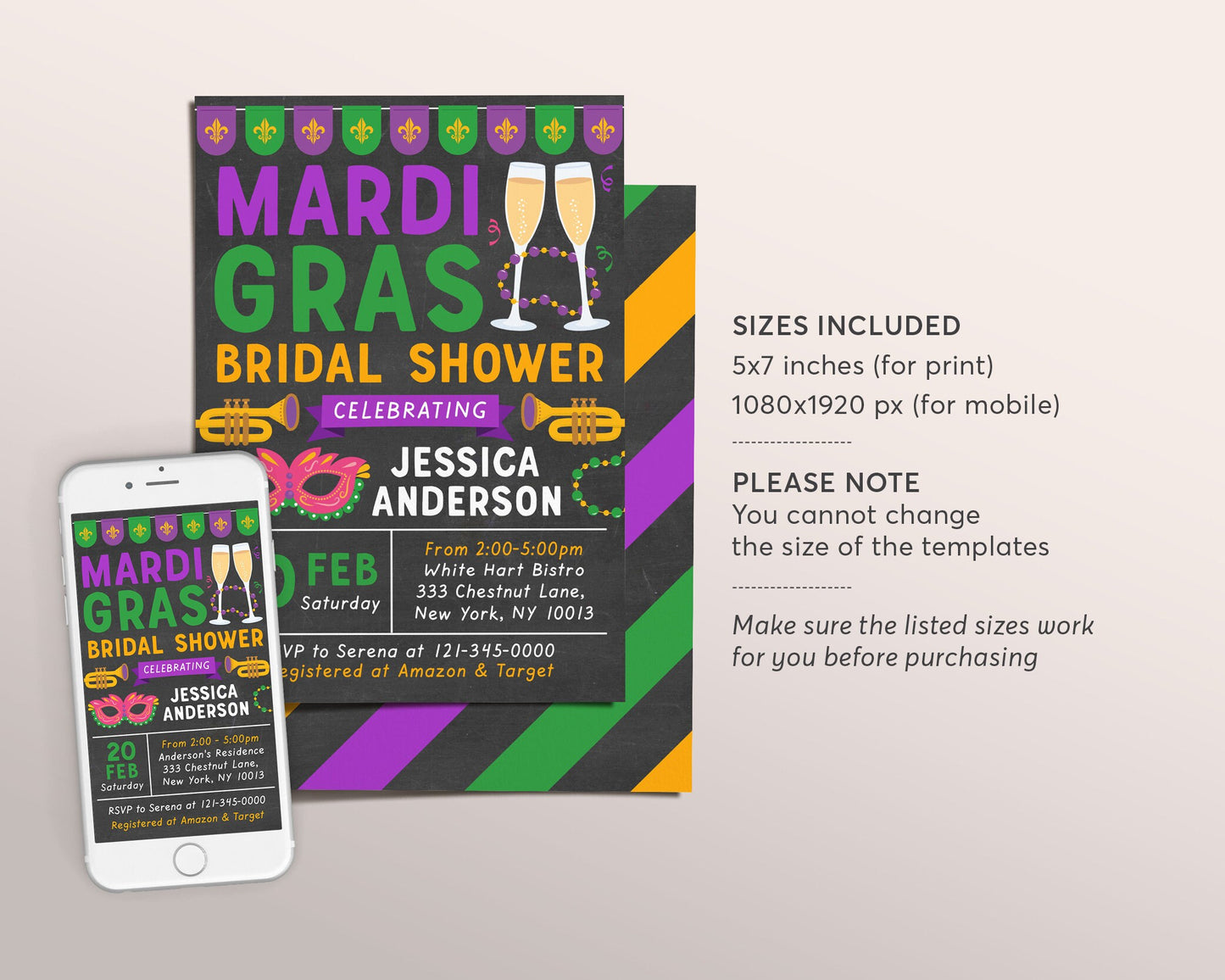 Mardi Gras Bridal Shower Invitation Editable Template, Miss to Mrs Couples Shower Wedding Invite Evite, Fat Tuesday Engagement Party