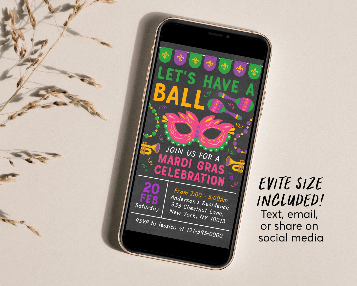 Mardi Gras Invitation Editable Template, Lets Have A Ball Invite, Fat Tuesday Party Printable, New Orleans Masquerade Party Carnival
