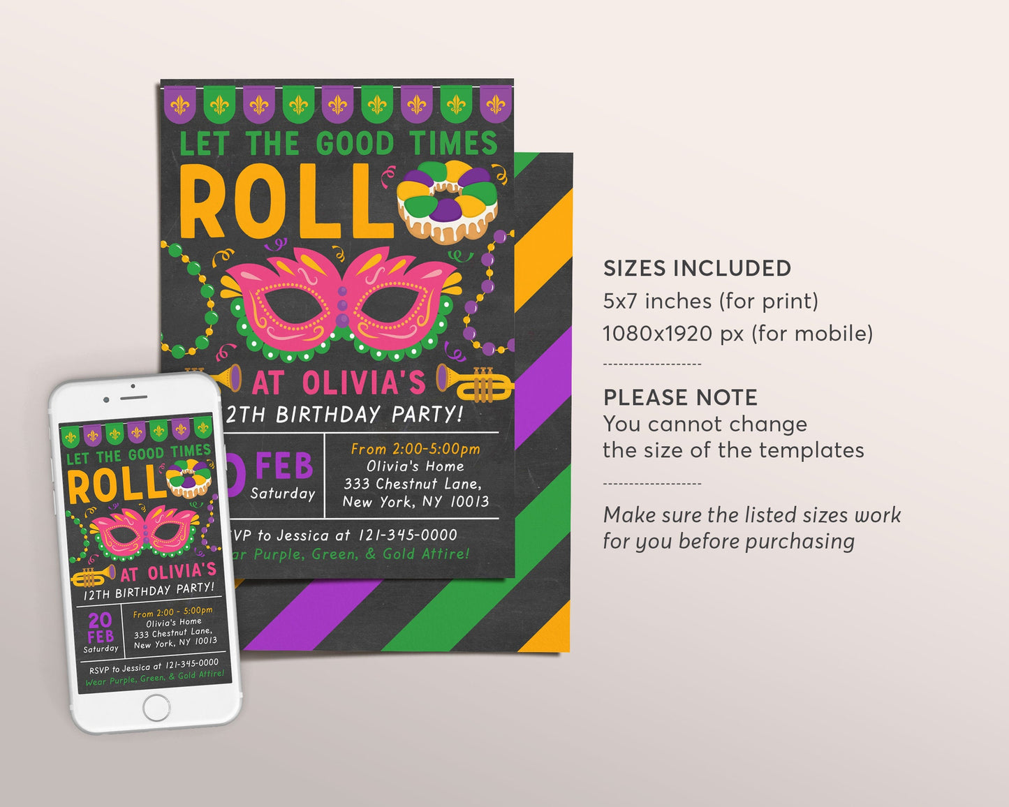 Mardi Gras Birthday Invitation Editable Template, Let The Good Times Roll Masquerade Mask Party Invite Printable, Chalkboard Fat Tuesday