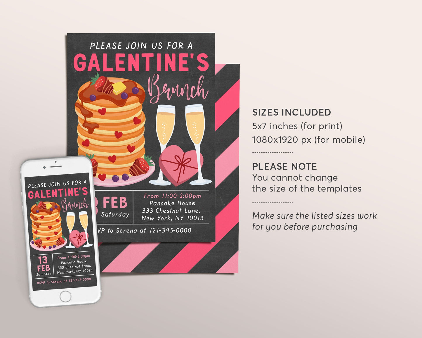 Galentine's Brunch Invitation Editable Template, Valentines Day Celebration Brunch Breakfast Invite Pancakes Champagne Heart Evite Printable
