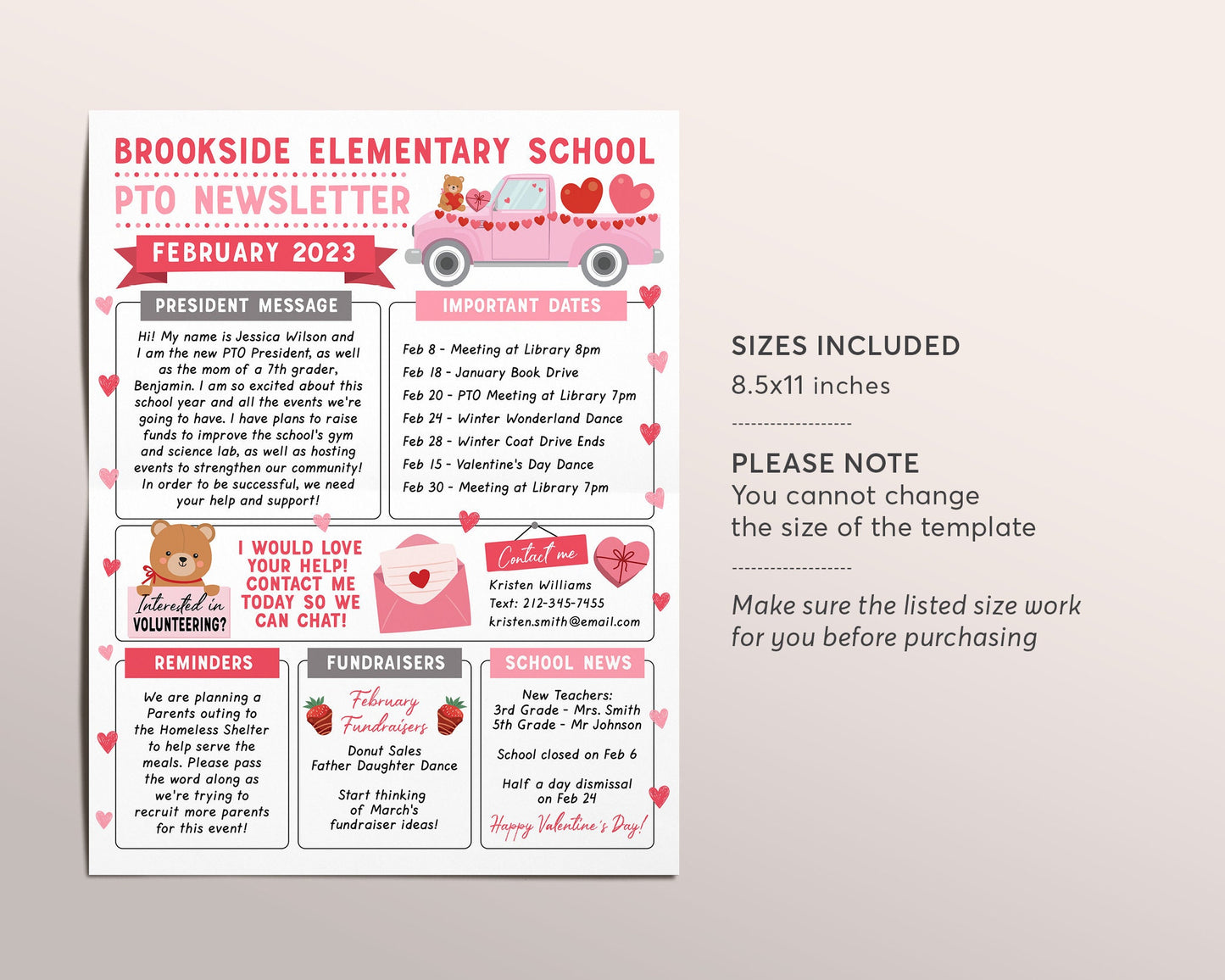 February PTO PTA Newsletter Flyer Editable Template, School Valentine's Day Flyer, Meeting Agenda Organizer Printable Handout, Year Calendar