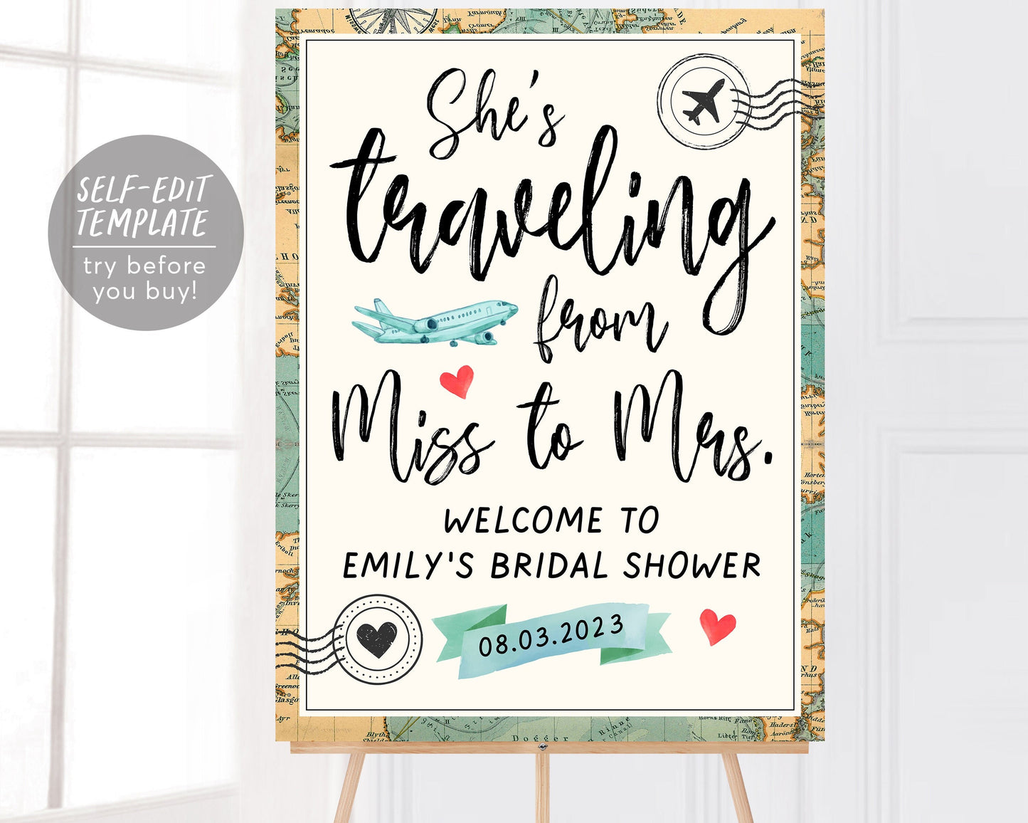 Bridal Shower She's Traveling from Miss to Mrs Printable Welcome Sign Editable Template, Vintage Travel Theme Destination Wedding Poster