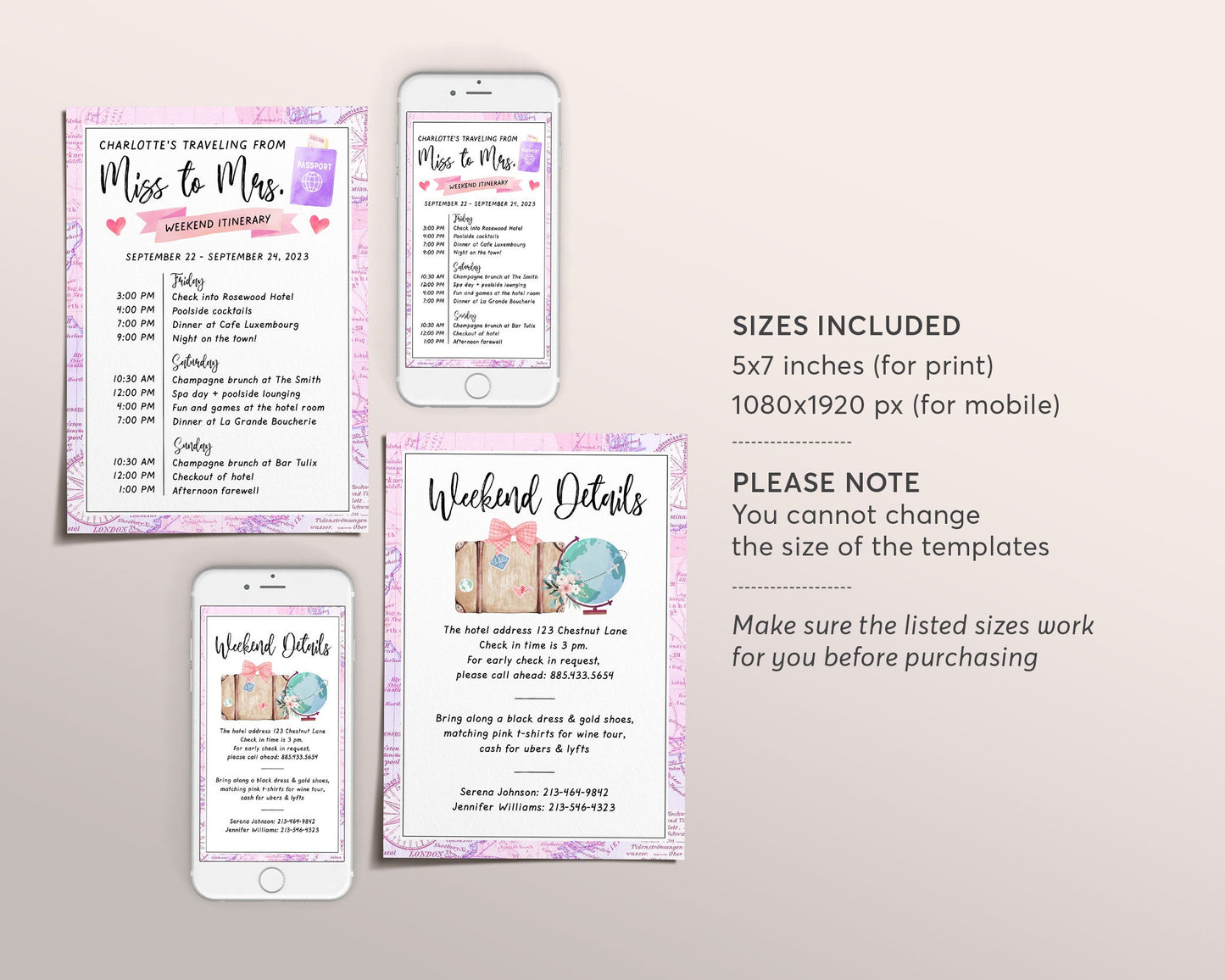 Travel Bachelorette Party Itinerary Editable Template, Traveling From Miss to Mrs. Hen Party Wedding Weekend Events Invitation, Floral Globe