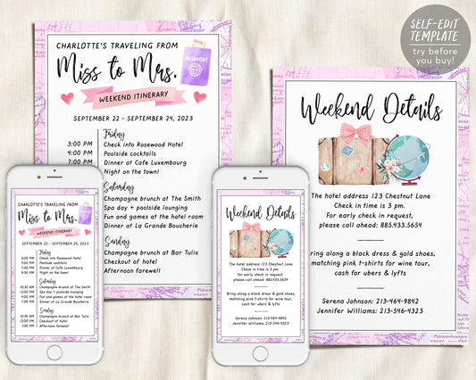 Travel Bachelorette Party Itinerary Editable Template, Traveling From Miss to Mrs. Hen Party Wedding Weekend Events Invitation, Floral Globe