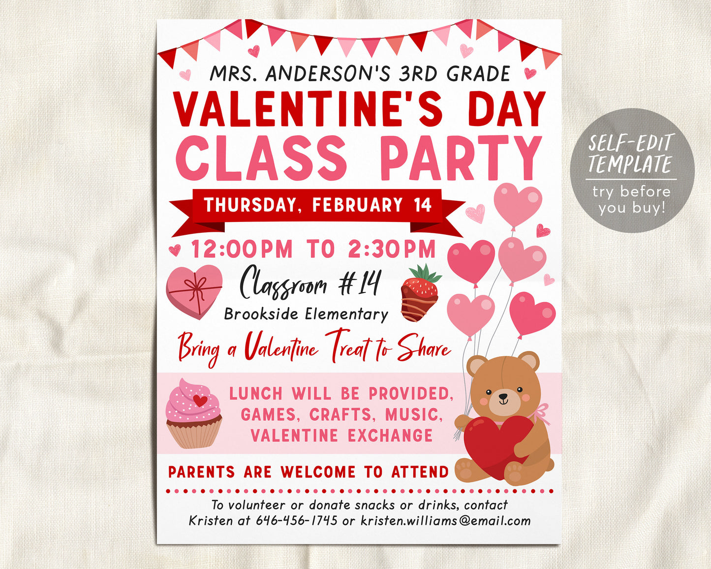 Valentine's Day Class Party Invitation Flyer Editable Template, School Valentine Exchange Classroom Party Printable, School PTA PTO Parents