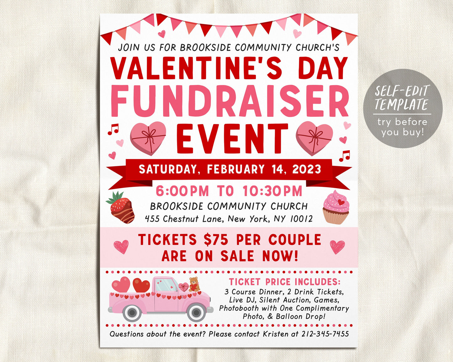 Adult Valentine's Day Fundraiser Event Flyer Editable Template, Valentines Sweetheart Dance Ticket Invitation, Community Church Party Invite
