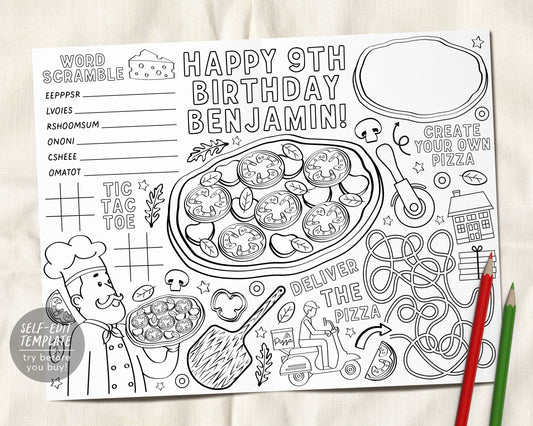 Pizza Party Placemat Editable Template, Pizza Party Coloring Page, Printable Pizza Birthday Activity, Pizzeria Table Mat, Kids Party Games
