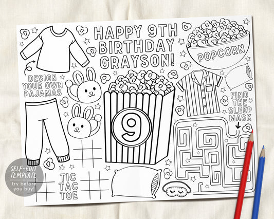 Popcorn and Pajamas Party Placemat Editable Template, Sleepover Coloring Page, Printable Movie Night Slumber Birthday Activity Table Mat