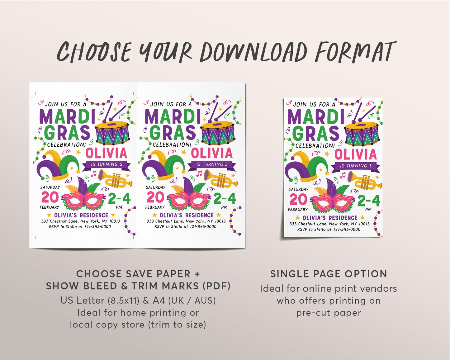 Mardi Gras Birthday Invitation Editable Template, Mardi Gras Masquerade Party Invite Printable, Fat Tuesday Evite, Instant Download